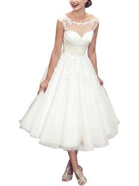 Elegant Vintage Sheer Lace Wedding Dress for Bride - Short & Romantic Style